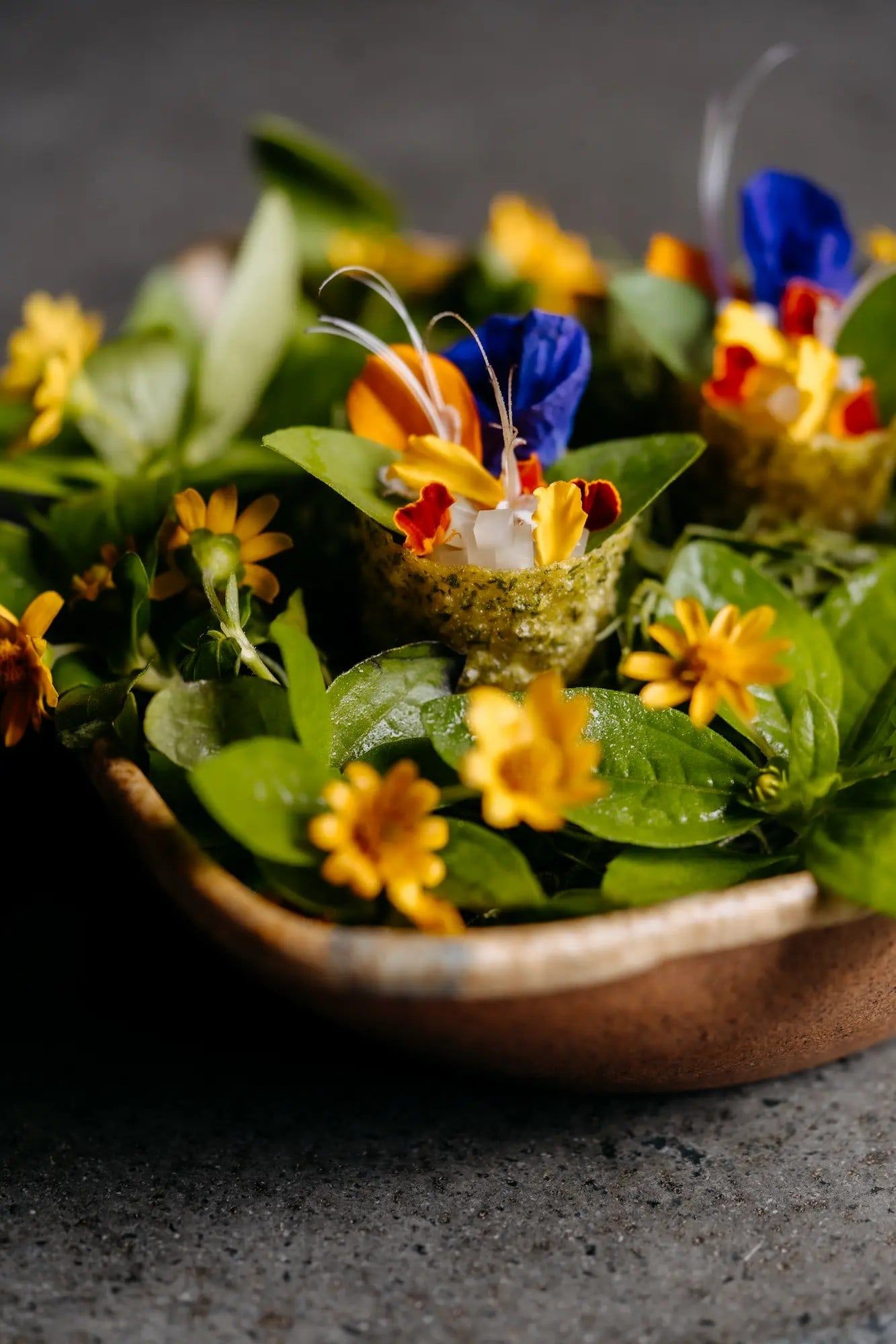 A bowl of garden greens and edible flowers at Syrco BASÈ